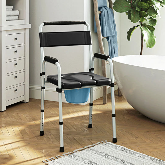 Adult bedside commode chair with black seat and back, padded armrests, blue waste bucket