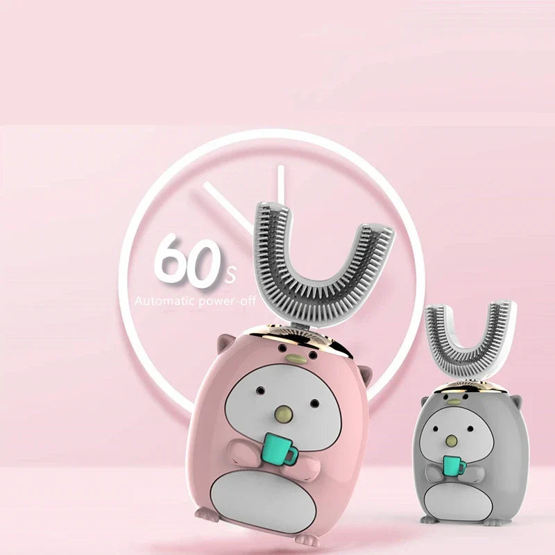 Two cartoon-style toothbrushes with animal designs on a pink background