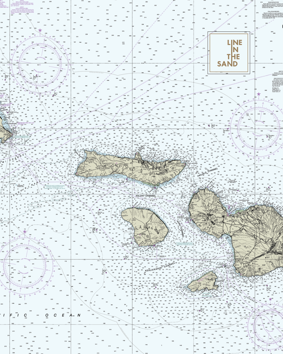 Nautical chart print fabric with islands and channels, dotted grid, and “LINE IN THE SAND” logo