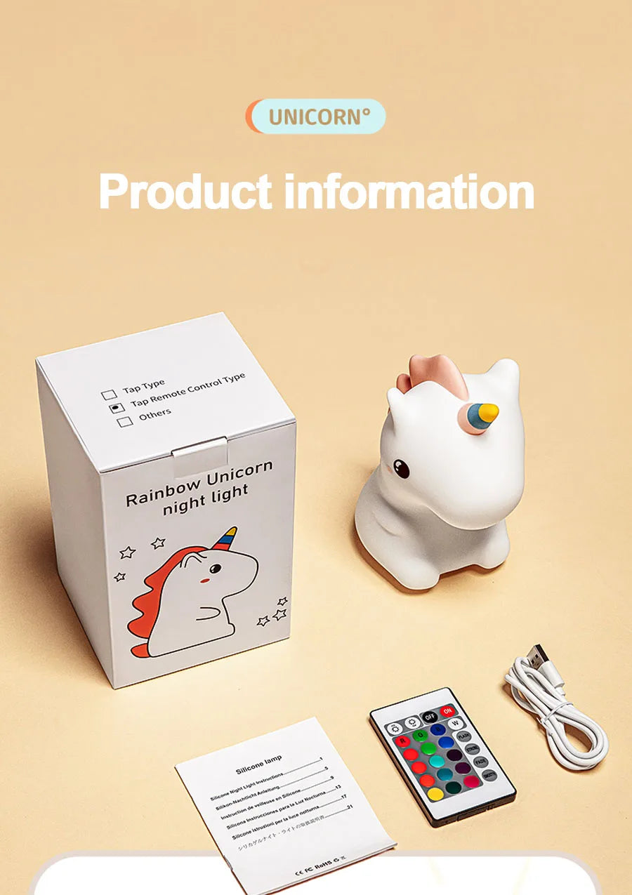 Unicorn LED night light set with box, remote, and accessories