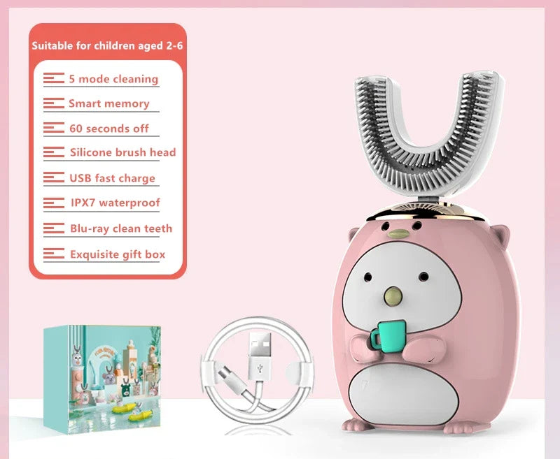 Children's pink cartoon-style toothbrush with features listed on a pink background
