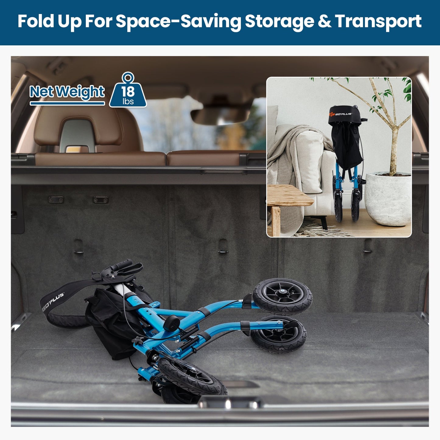 Foldable bike in a car trunk with space-saving text above