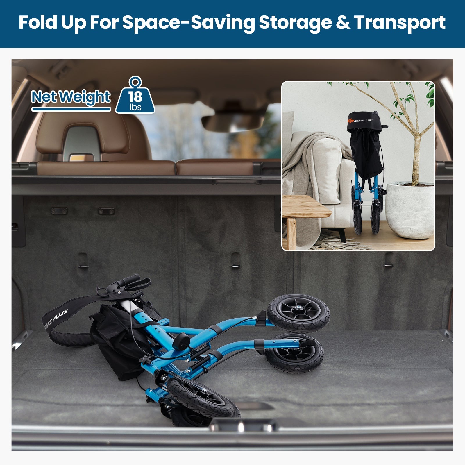 Foldable bike in a car trunk with space-saving text above