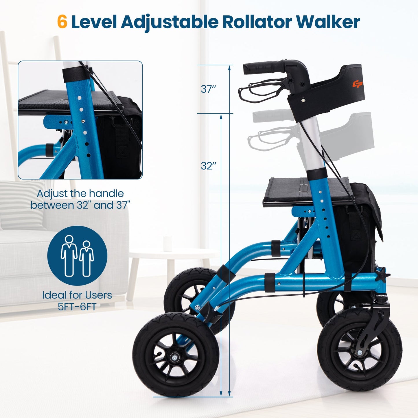 6-level adjustable rollator walker with measurements and user height range on a white background