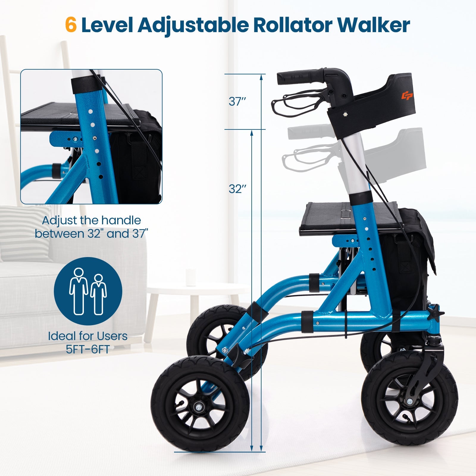 6-level adjustable rollator walker with measurements and user height range on a white background