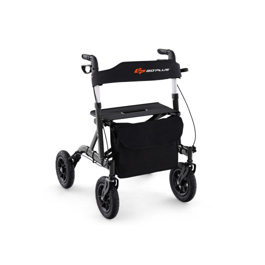 Height Adjustable Rollator Walker: Foldable black rolling walker with seat and storage bag for seniors