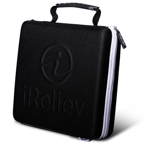 Hard protective carry case in dark material with iReliev logo and top handle