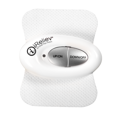 White iRelief pain relief patch controller with UP/ON and DOWN/OFF switch