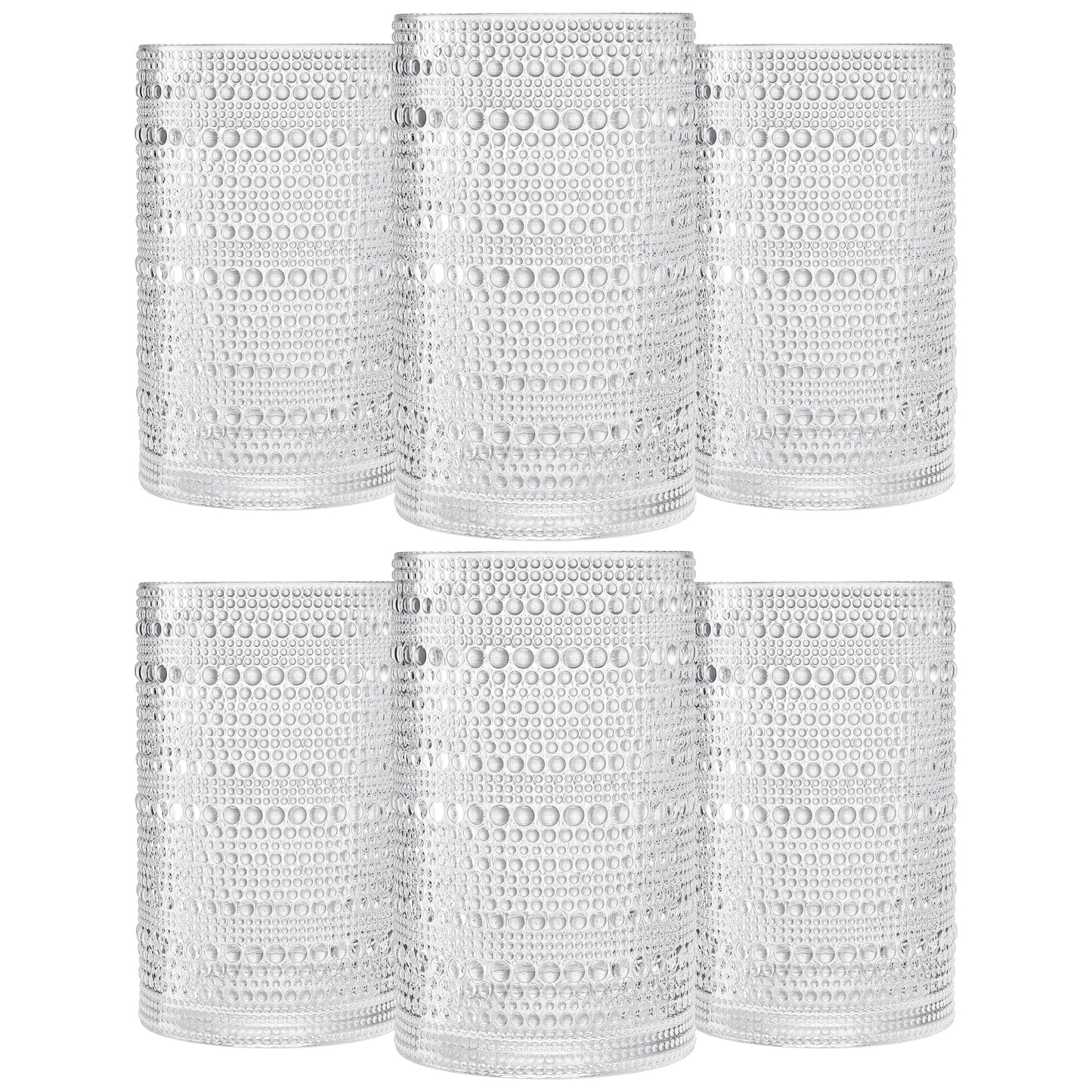 Set of six acrylic highball glasses with hobnail texture, clear white, textured sides