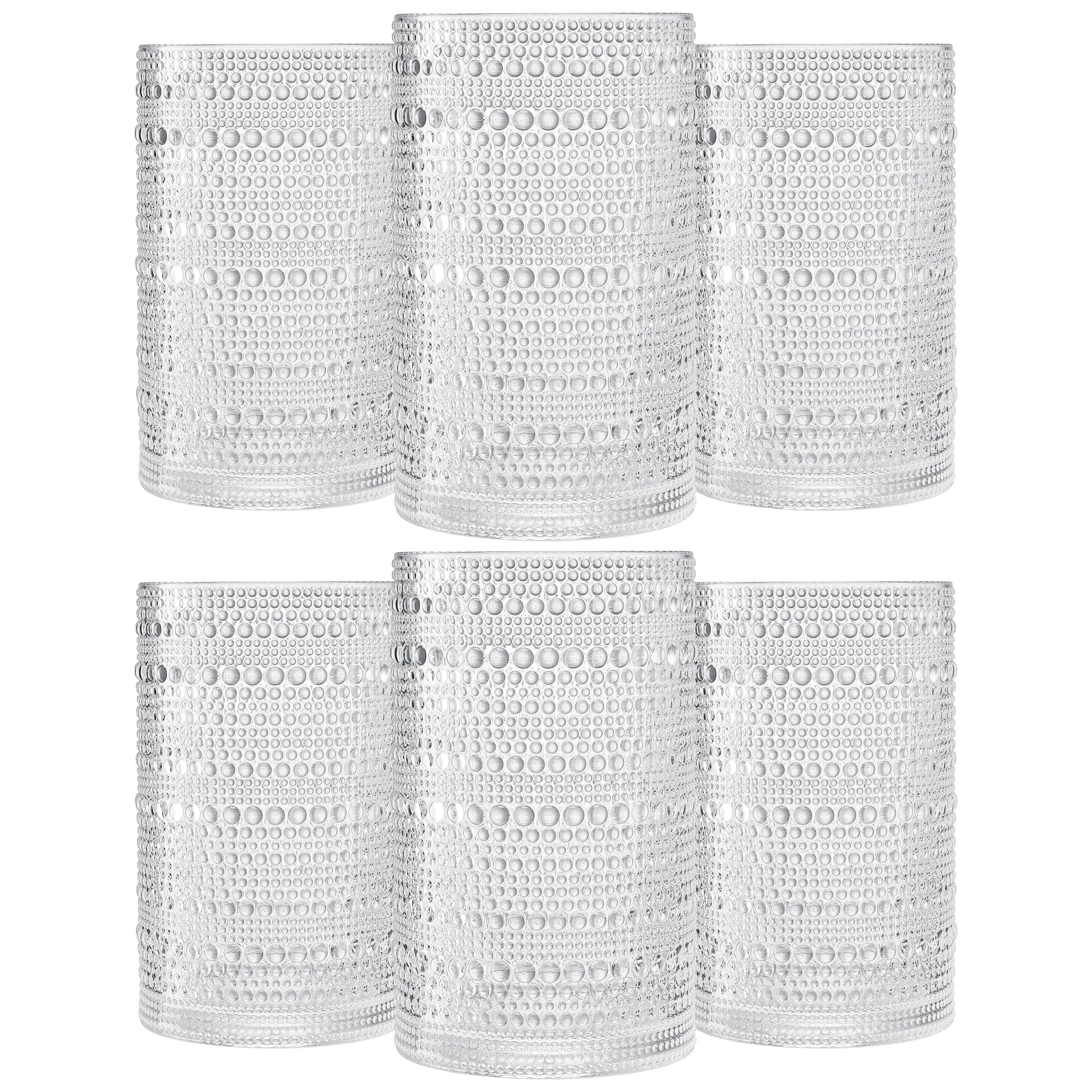 Set of six acrylic highball glasses with hobnail texture, clear white, textured sides