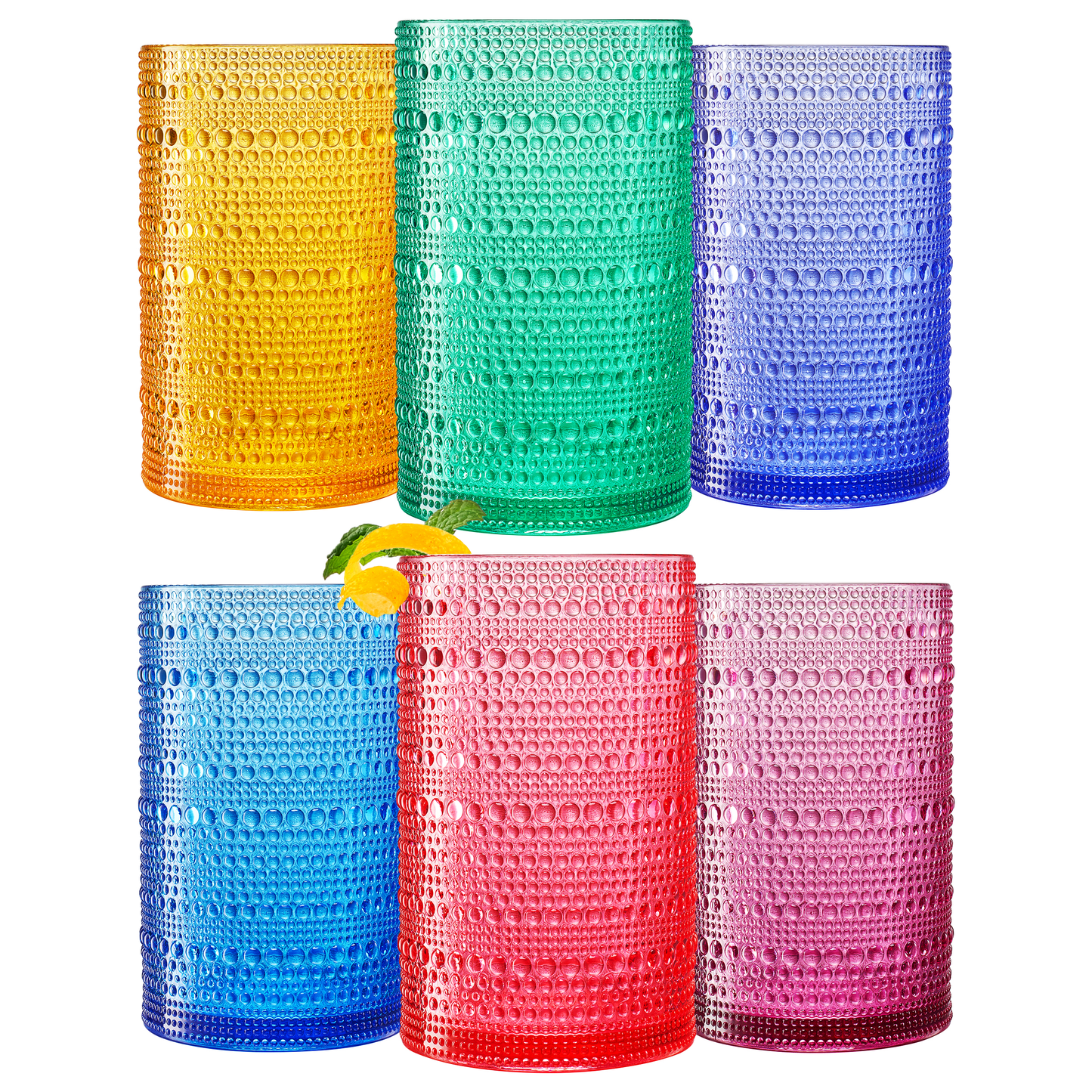 Set of 6 hobnail highball glasses with textured pattern: yellow, green, blue, red, pink.