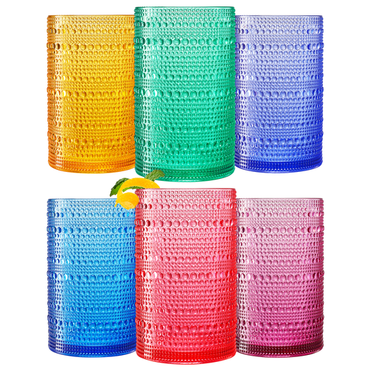 Set of 6 hobnail highball glasses with textured pattern: yellow, green, blue, red, pink.