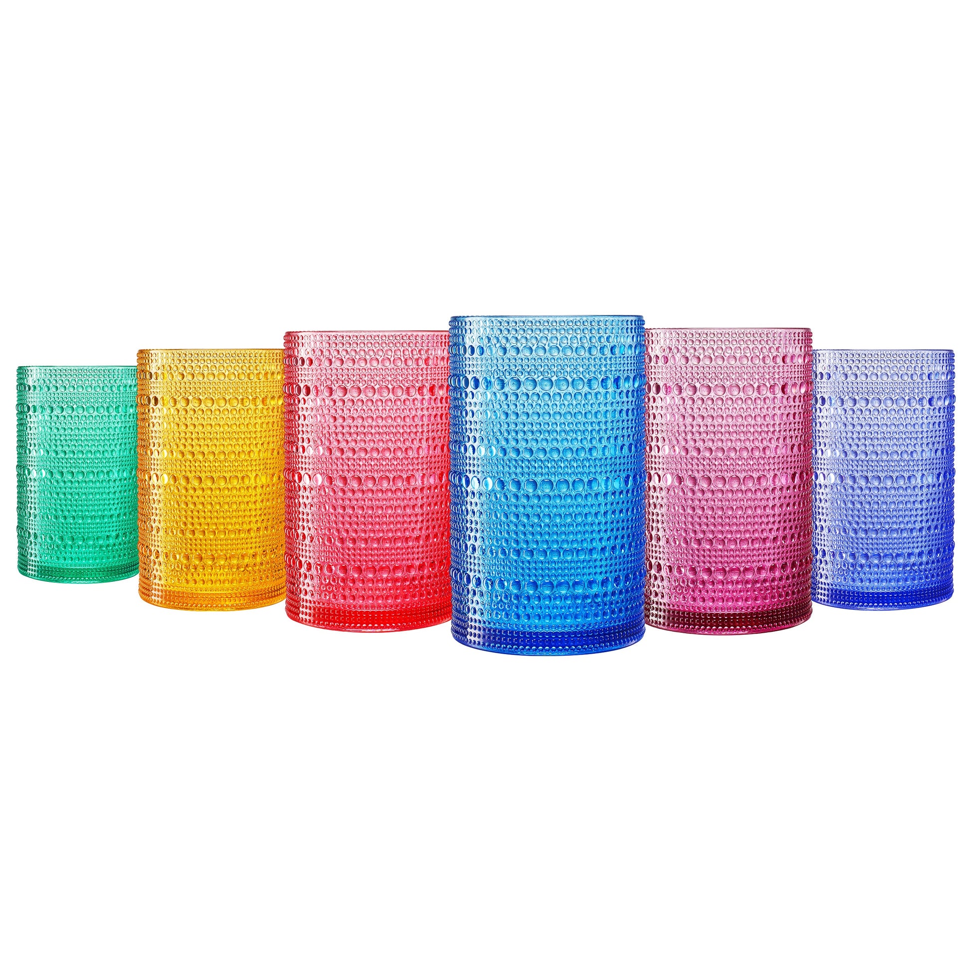 Set of 6 hobnail highball glasses with textured pattern, colors: green, yellow, red, blue.