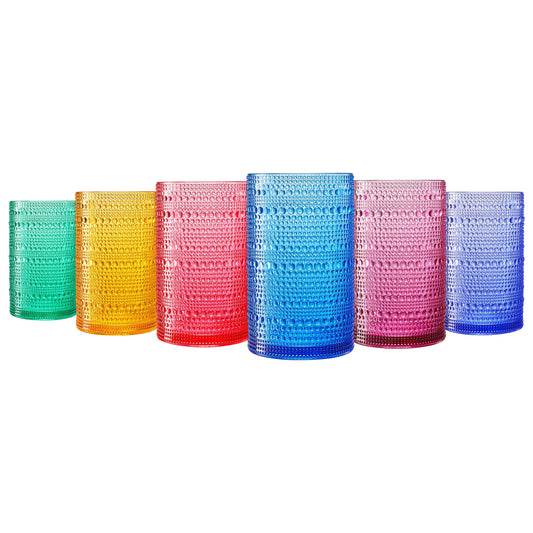Set of 6 hobnail highball glasses with textured pattern, colors: green, yellow, red, blue.