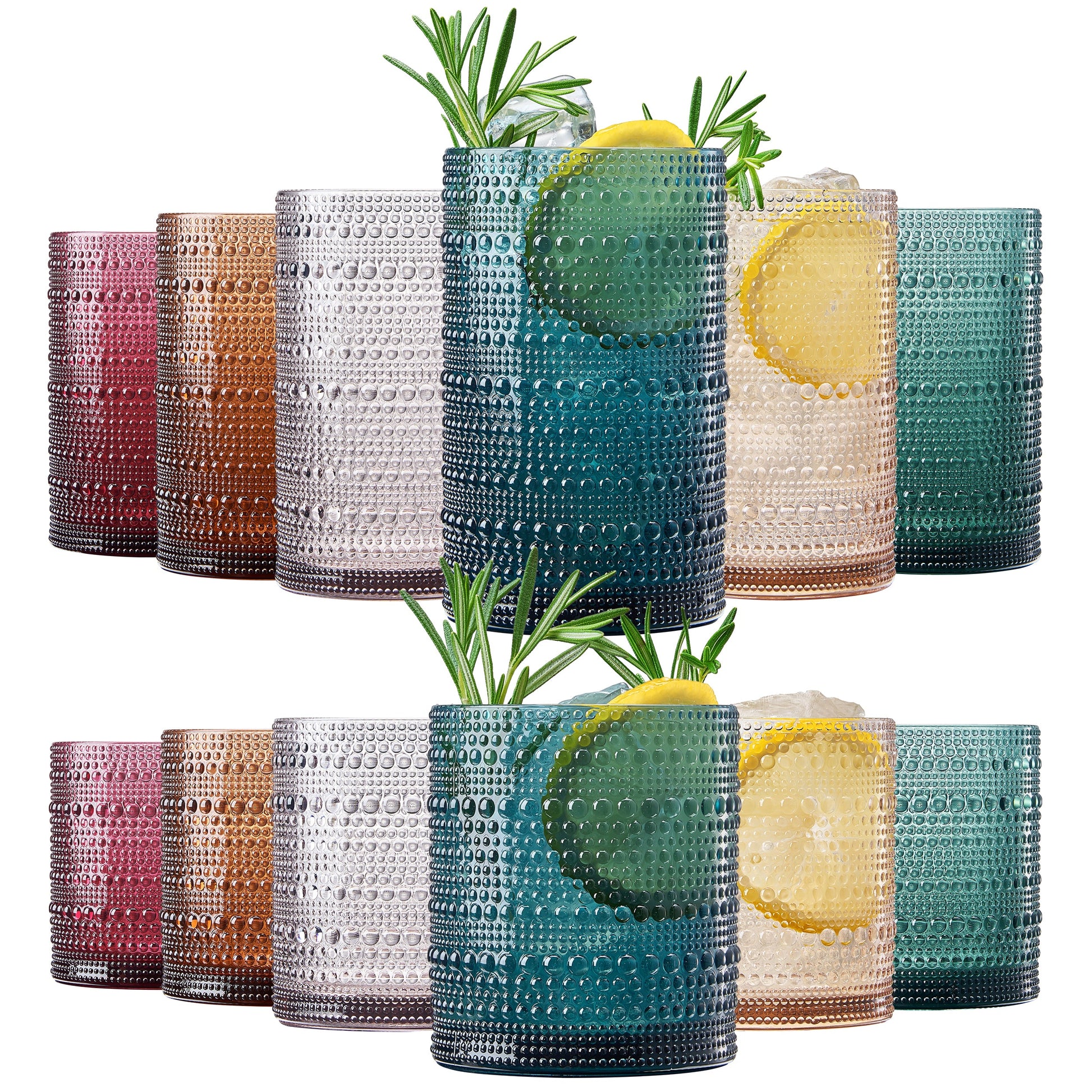 Acrylic hobnail lowball and highball glasses, assorted colors, textured pattern