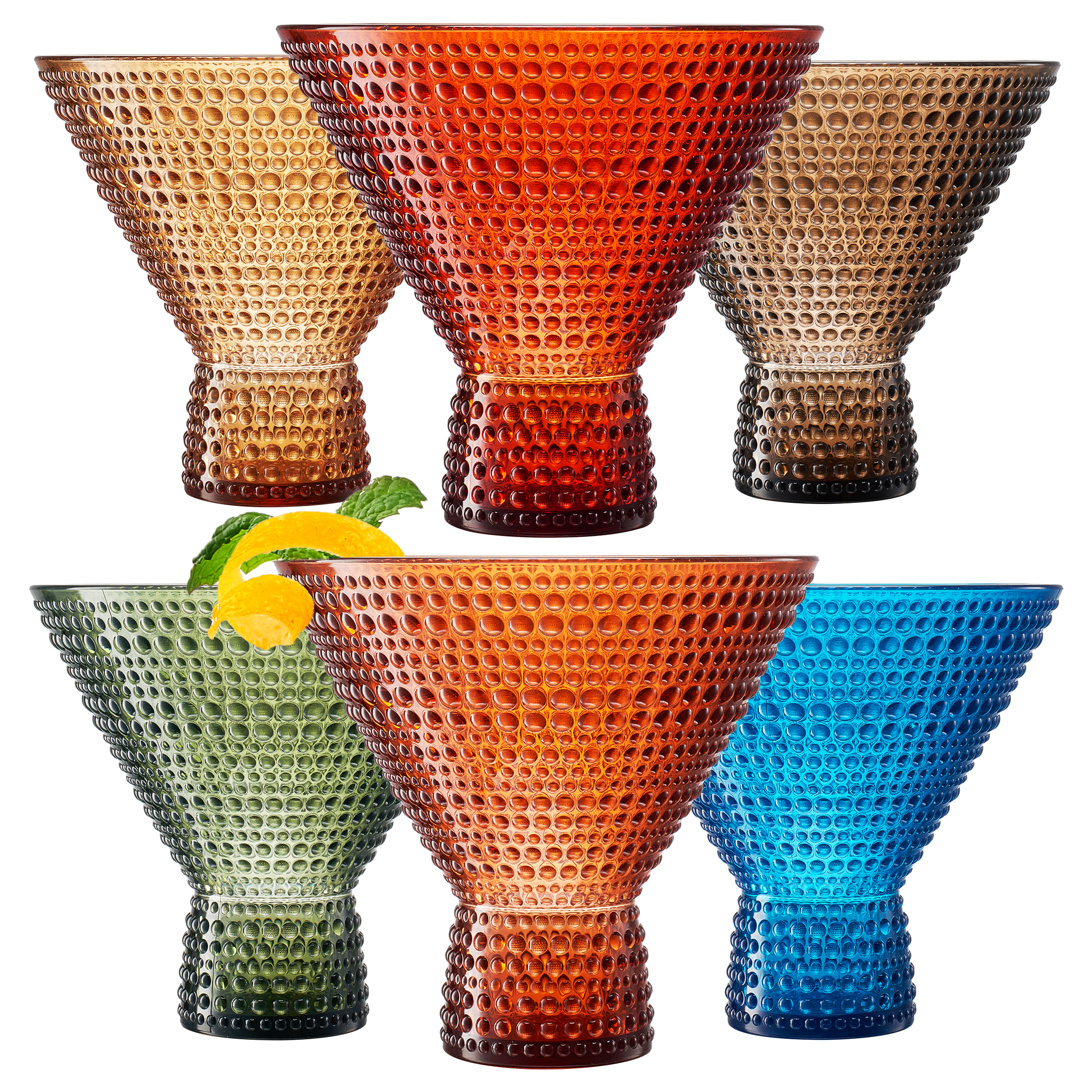 Set of 6 acrylic martini glasses with hobnail texture, red to blue mix colors
