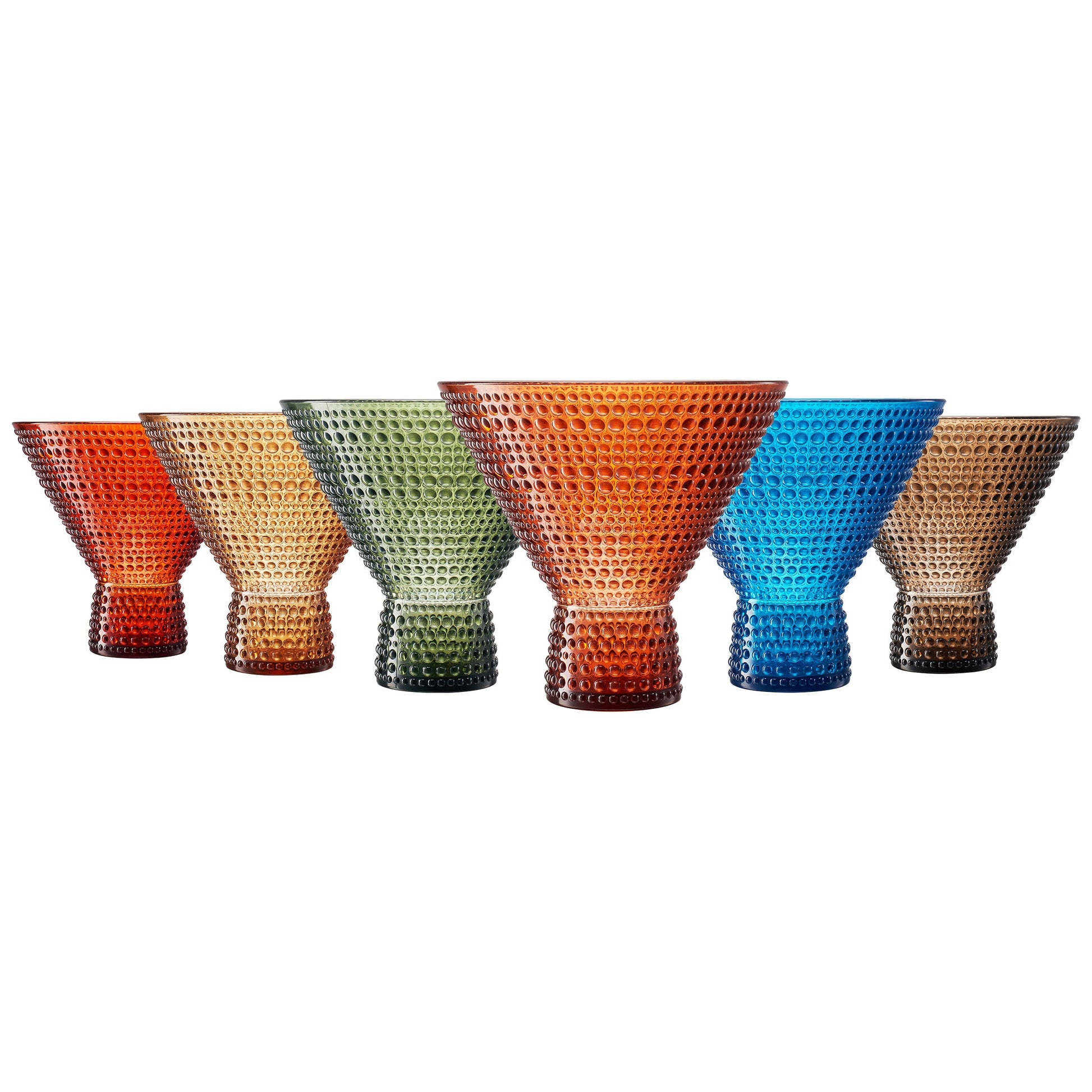 Six acrylic martini glasses with hobnail texture in orange, gold, green, red, and blue
