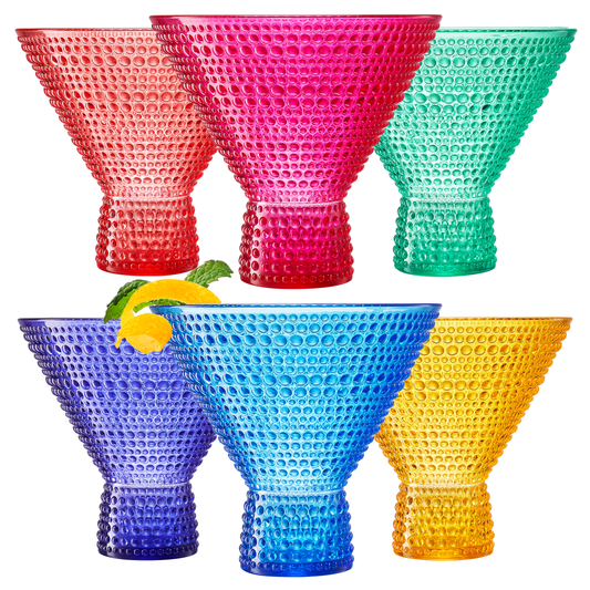 Six acrylic martini glasses with hobnail texture in red, pink, teal, blue, and gold