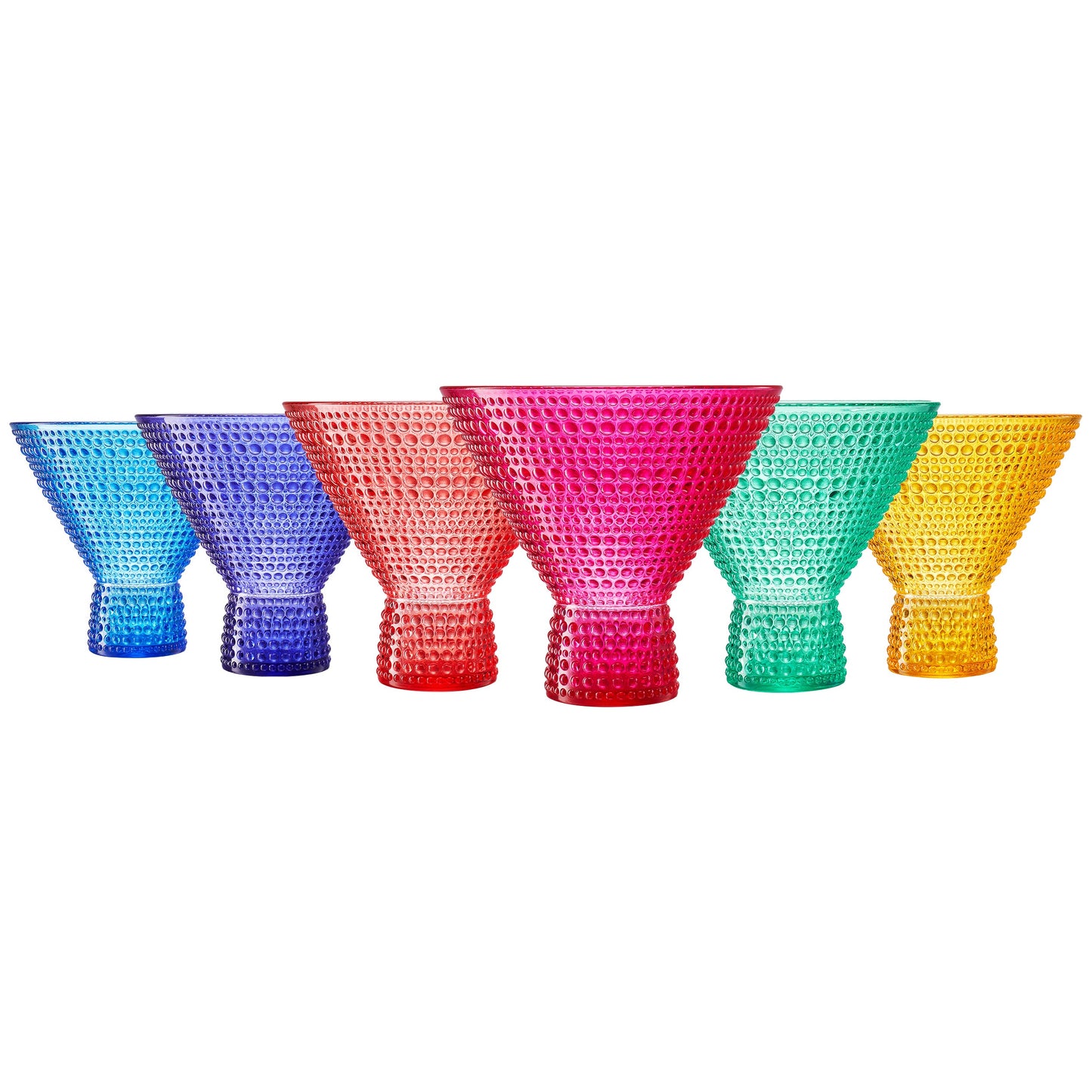 Row of six hobnail acrylic martini glasses in blue, purple, red, teal, and yellow