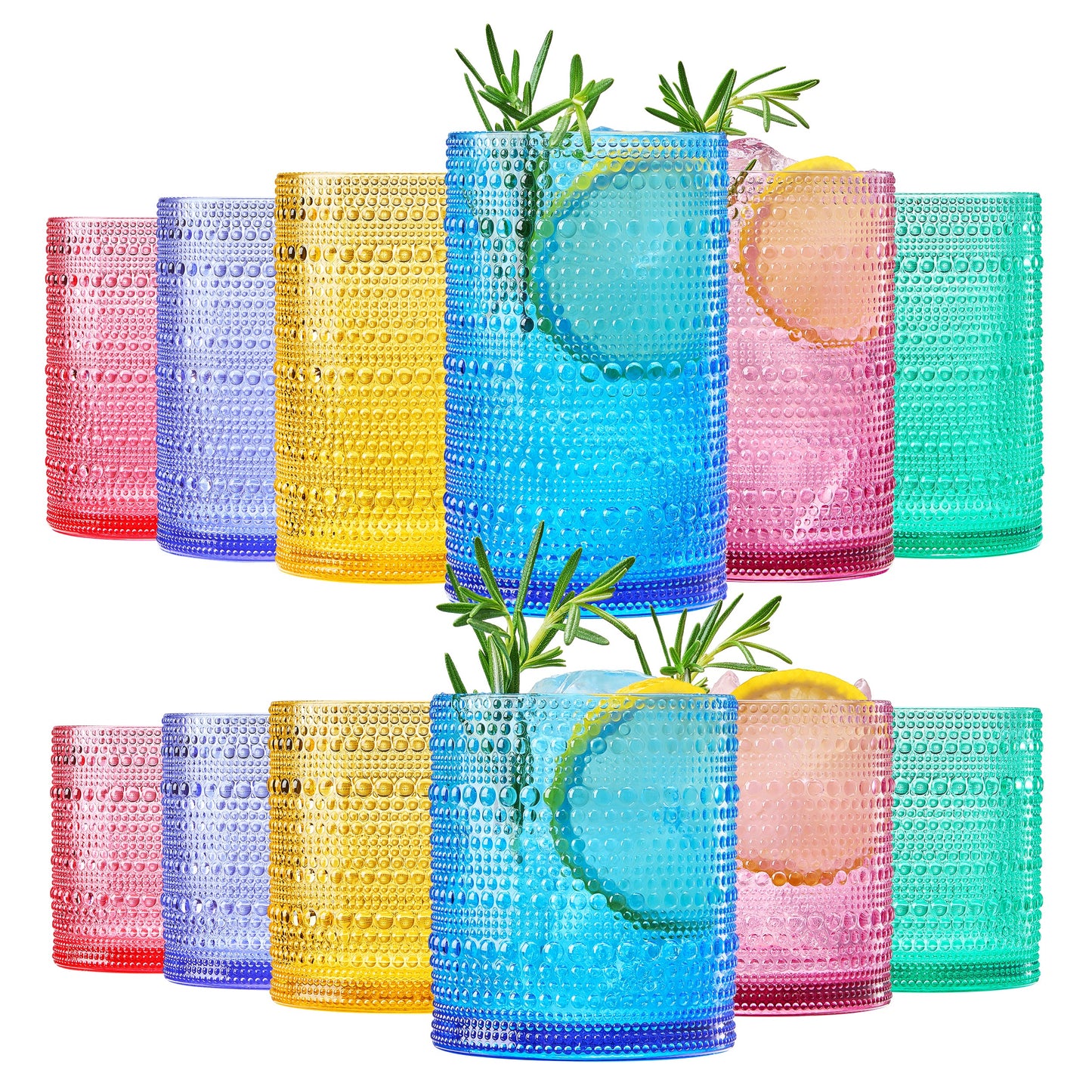 Acrylic hobnail lowball and highball glasses set of 12, multicolor textured cups