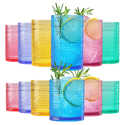 Acrylic hobnail lowball and highball glasses set of 12, multicolor textured cups