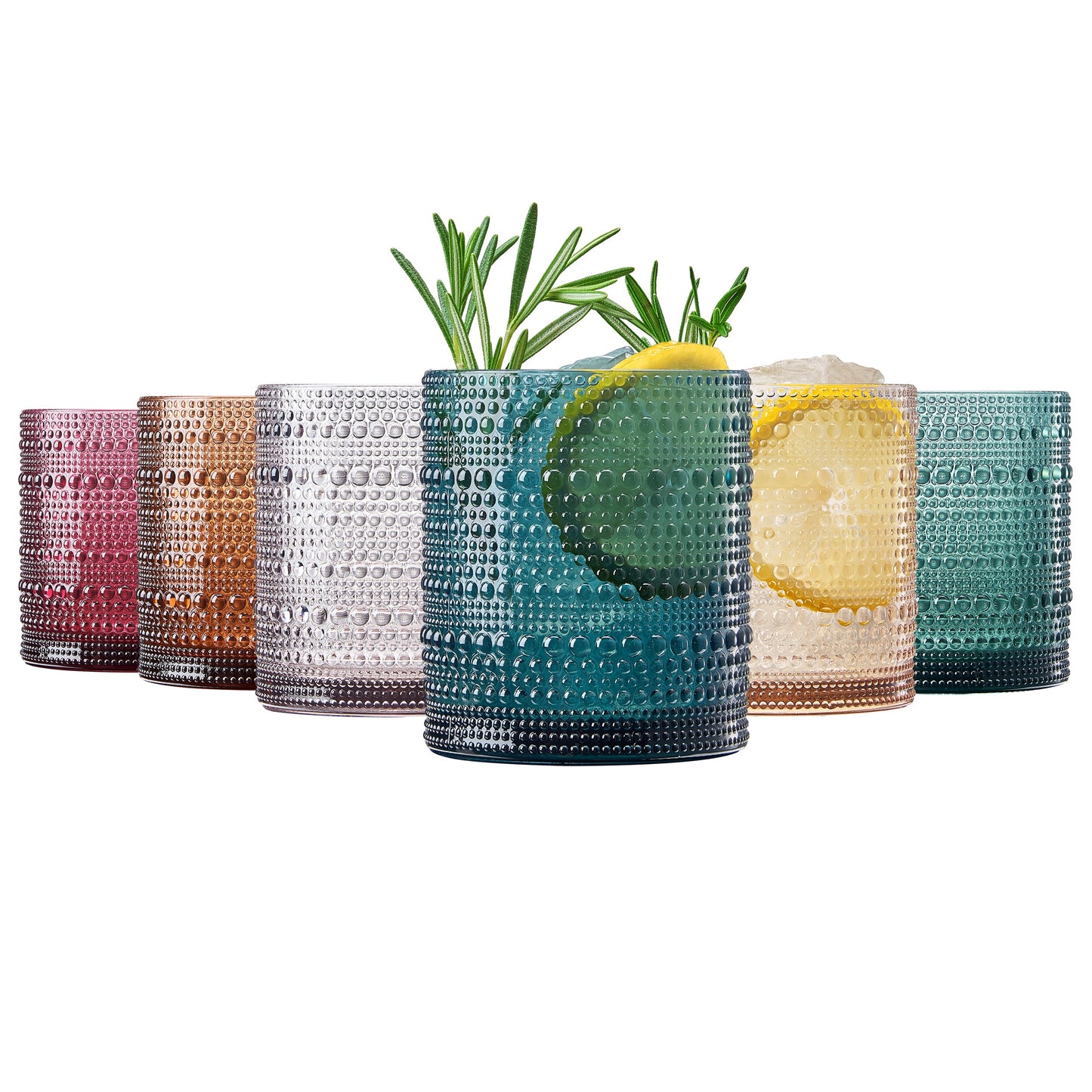Hobnail lowball glasses, set of 6, assorted colors with ridged bubble texture
