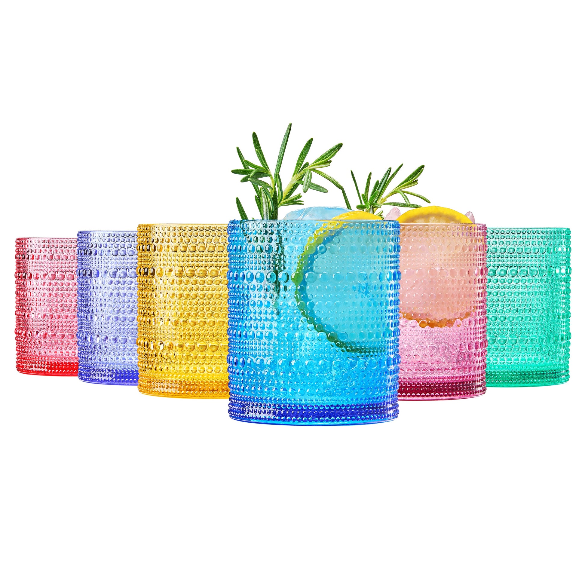 Assorted-color acrylic lowball glasses, set of 6, hobnail texture