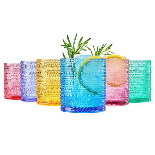 Assorted-color acrylic lowball glasses, set of 6, hobnail texture