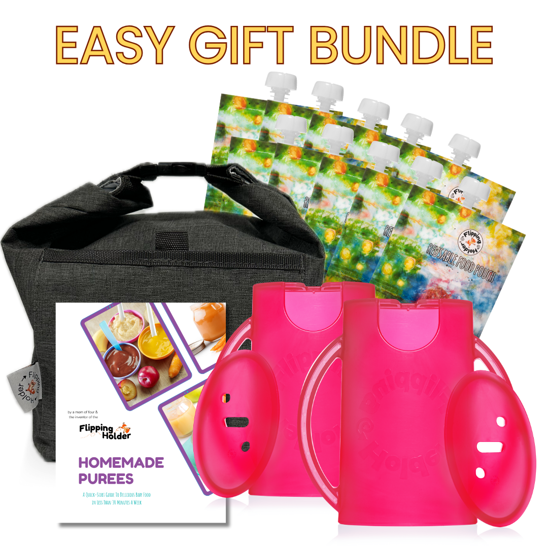 Gift-ready bundle set: dark gray thermal tote with pink-and-white pouch holders and colorful pouch packs