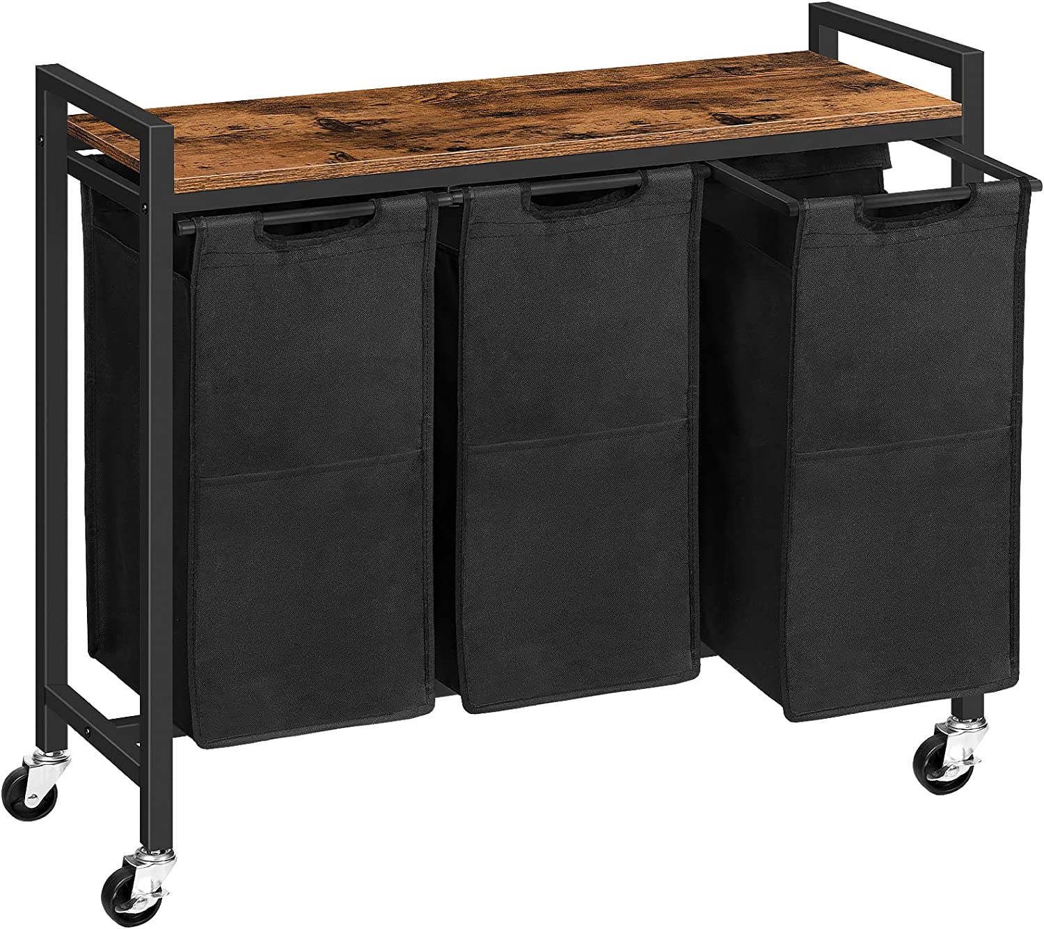 3-bin laundry sorter cart with black fabric bags and rustic wooden top on caster wheels.