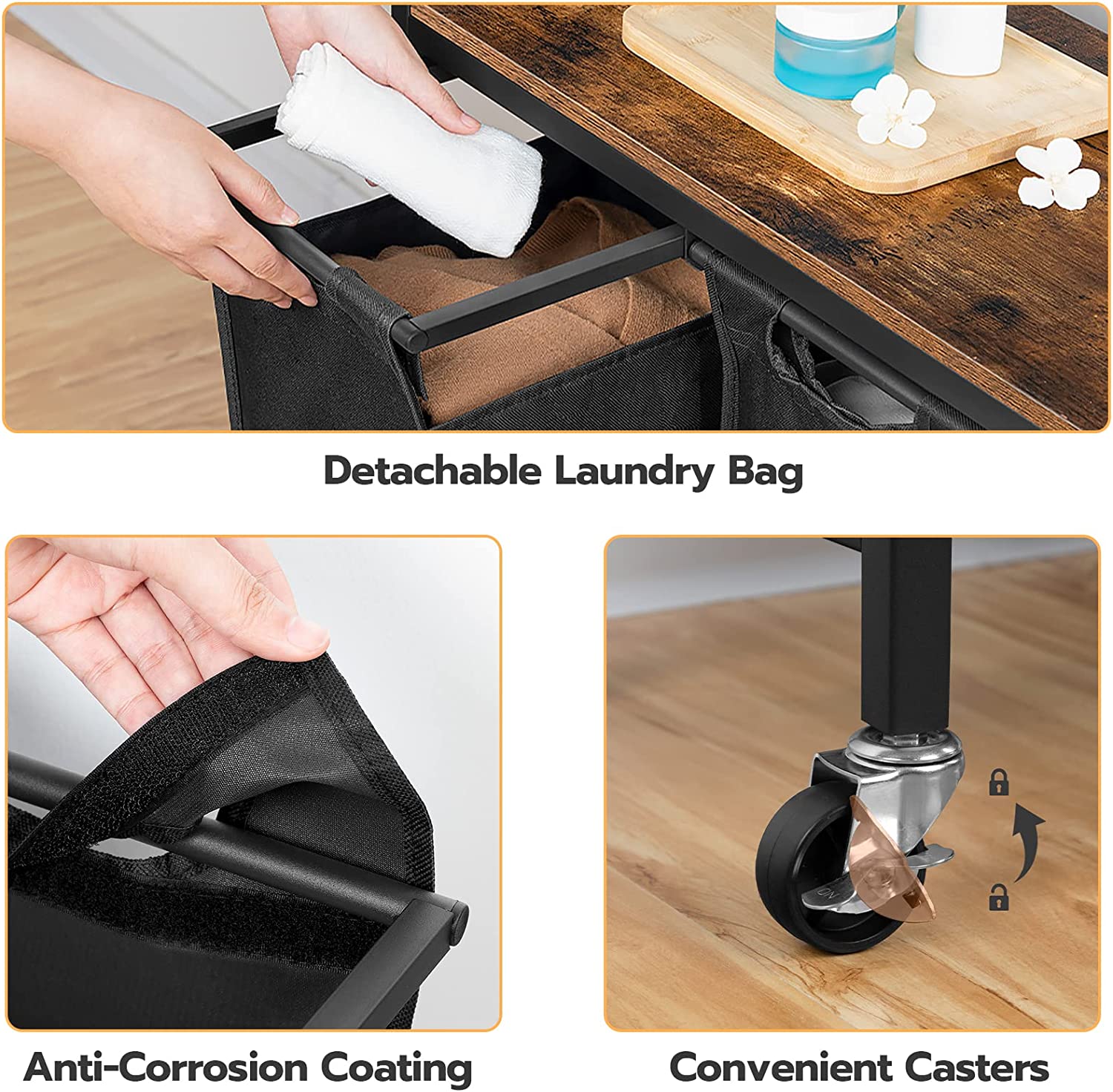 Hand lifting a dark fabric laundry bag from a 3-compartment rolling hamper cart.