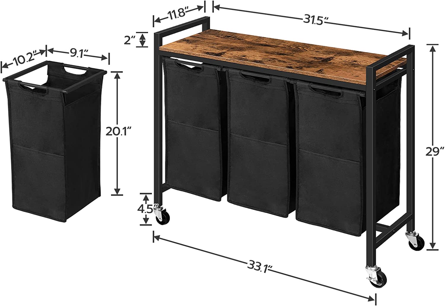 Laundry hamper cart with three black fabric bins, wooden top, and caster wheels.