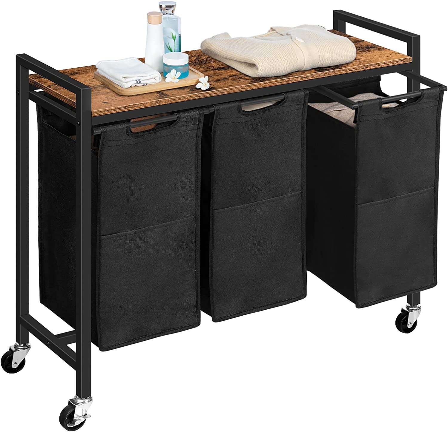 3-compartment rolling laundry hamper cart with dark fabric bins and wooden top shelf.
