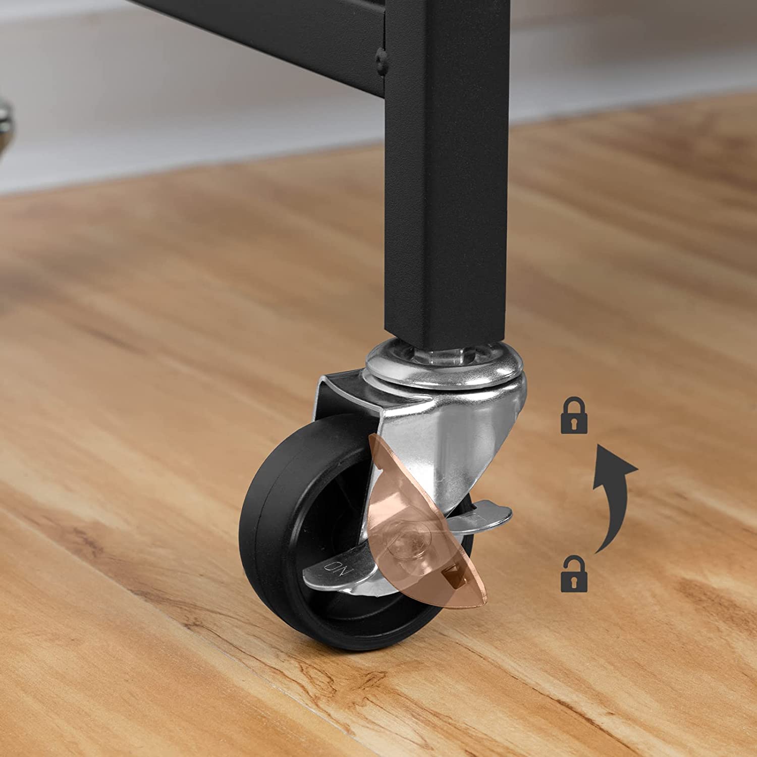 Locking caster wheel on the frame of a rolling laundry hamper cart.