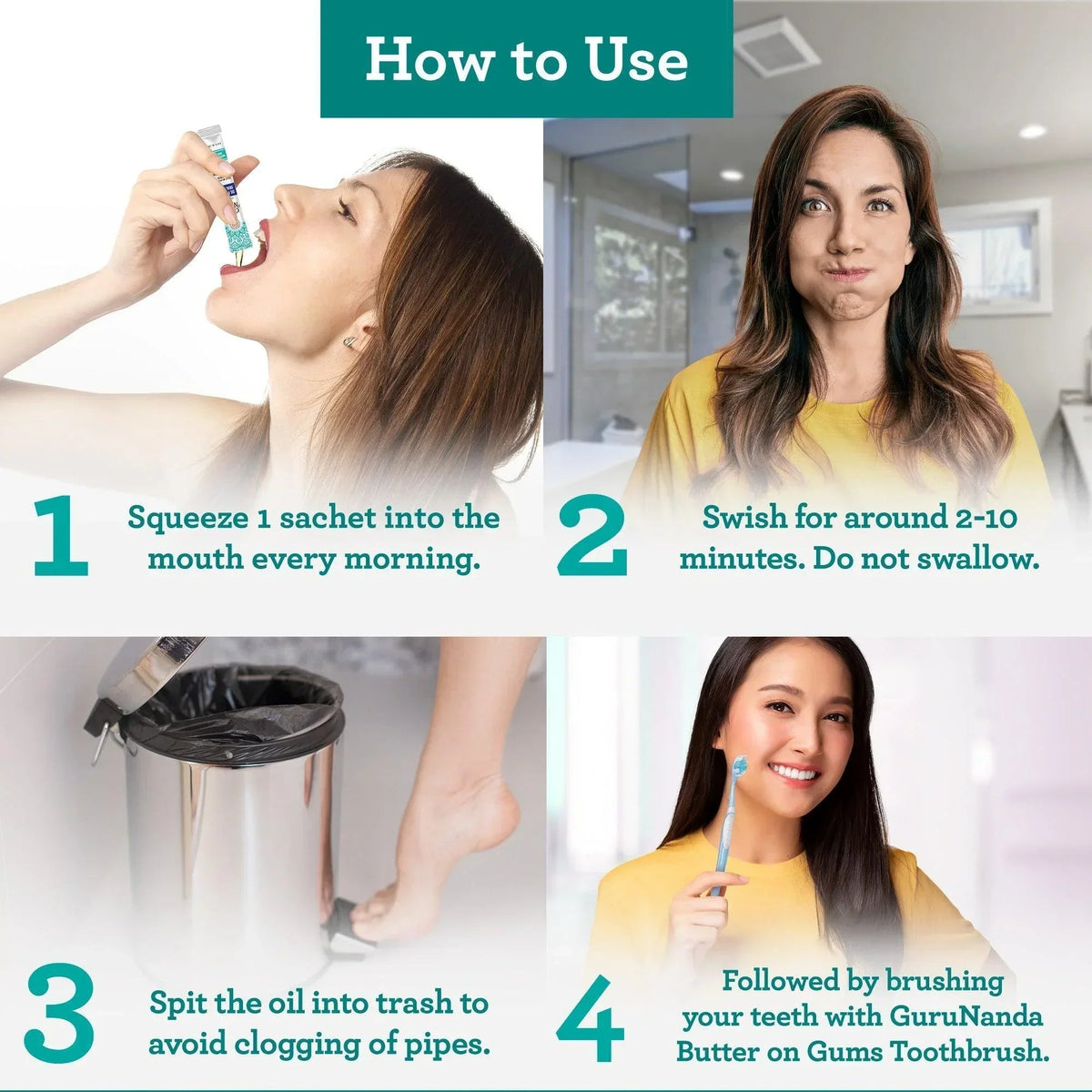 Woman using an oil pulling oral rinse sachet, step-by-step instructions shown