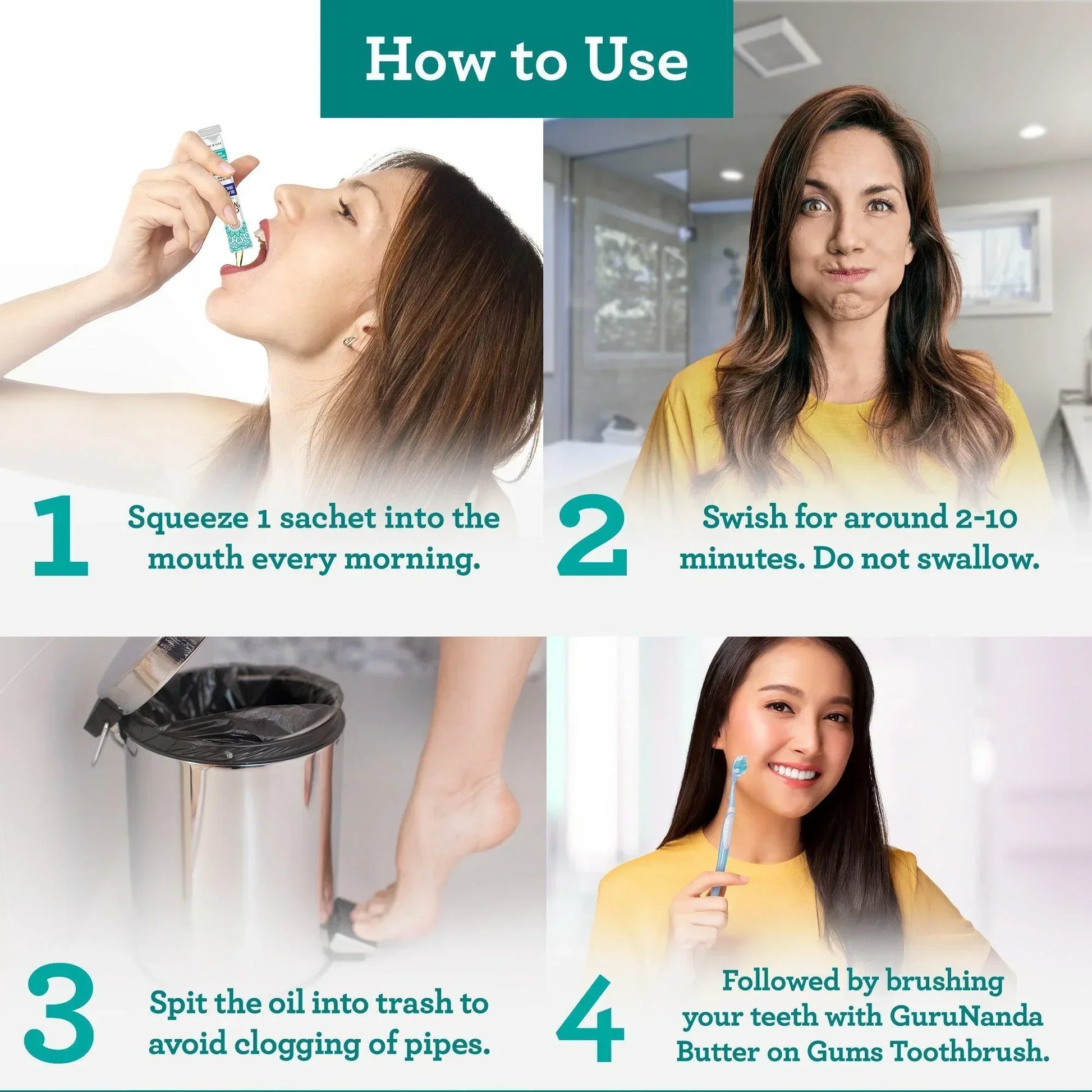 Oil pulling travel sachet in turquoise, shown being squeezed into mouth