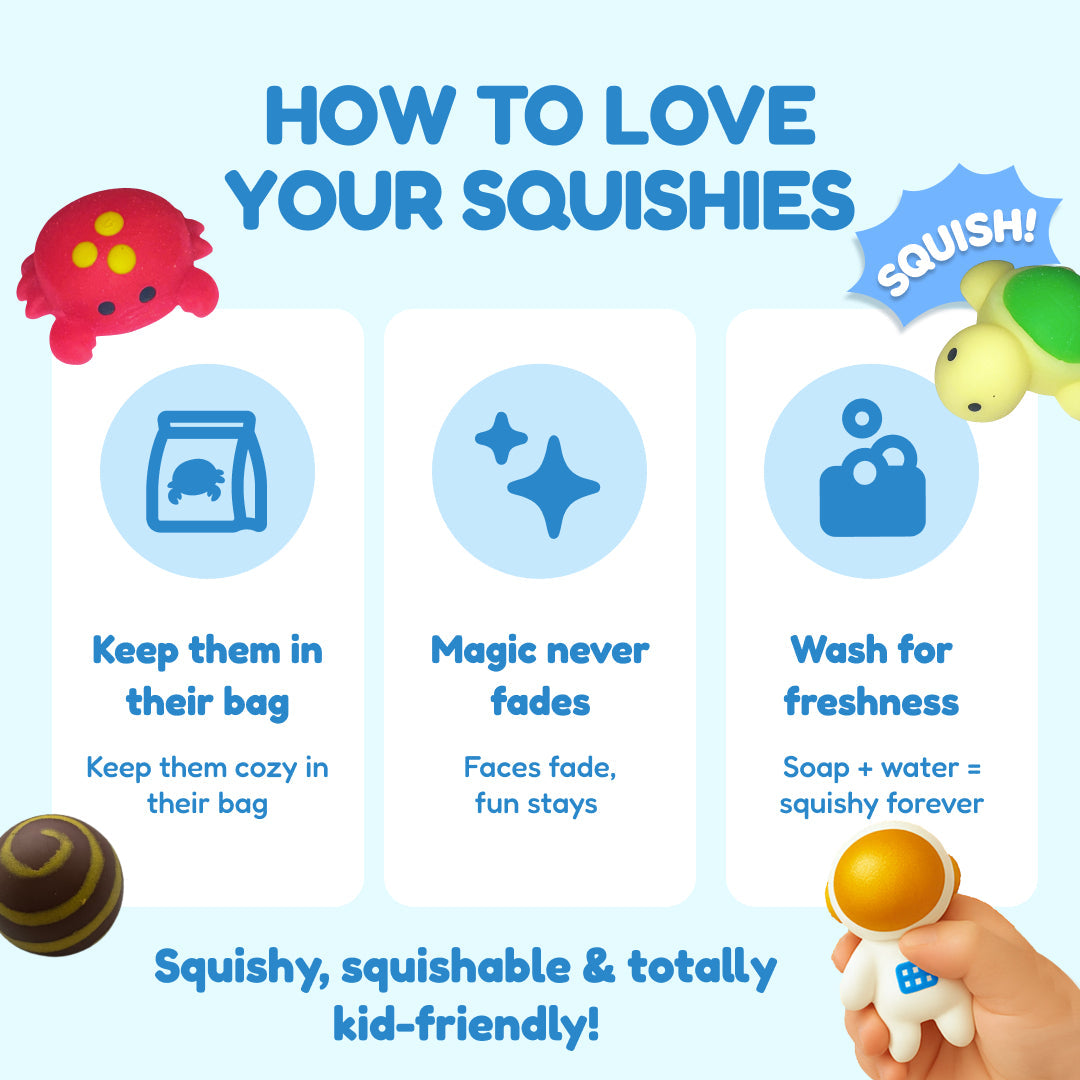 Squishyland squishy care instructions: store in bag, prevent fading, and wash with soap