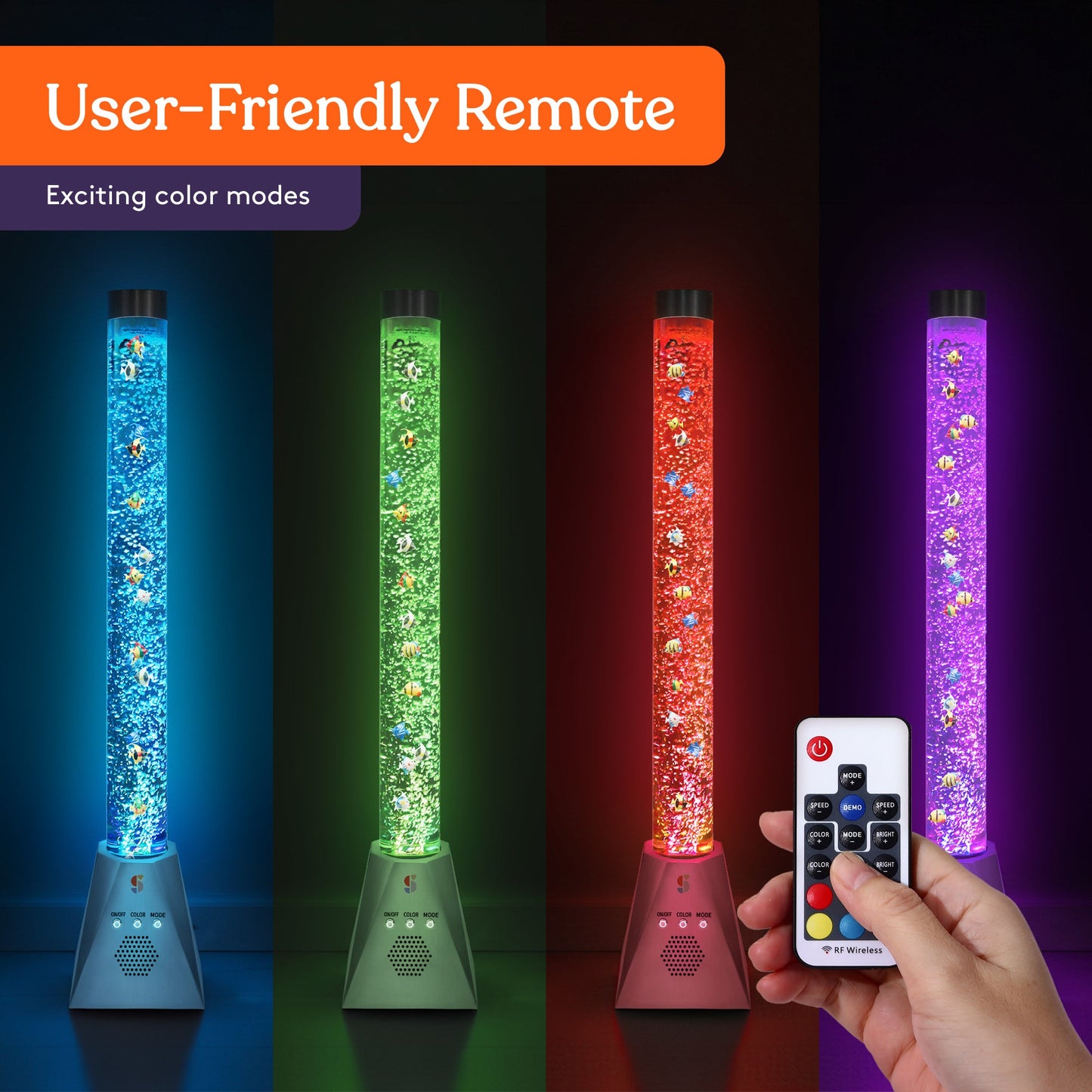 Color-changing aquarium bubble tube lamp display with remote controller in hand