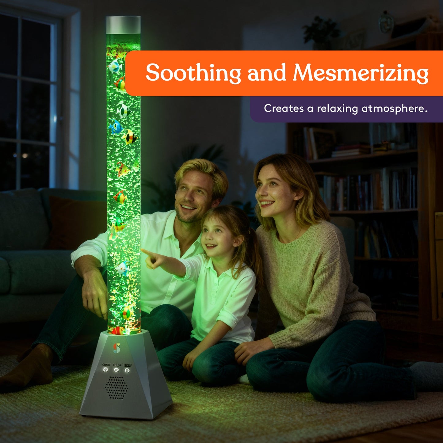 Green aquarium bubble tube lamp lighting up a living room with family nearby