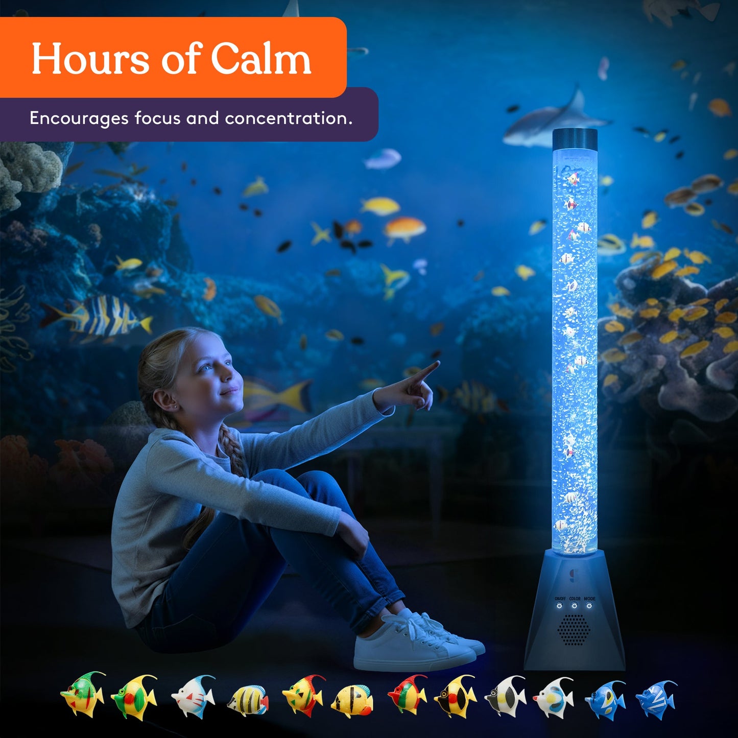 Blue aquarium bubble tube lamp glowing with a child pointing at the fish bubbles
