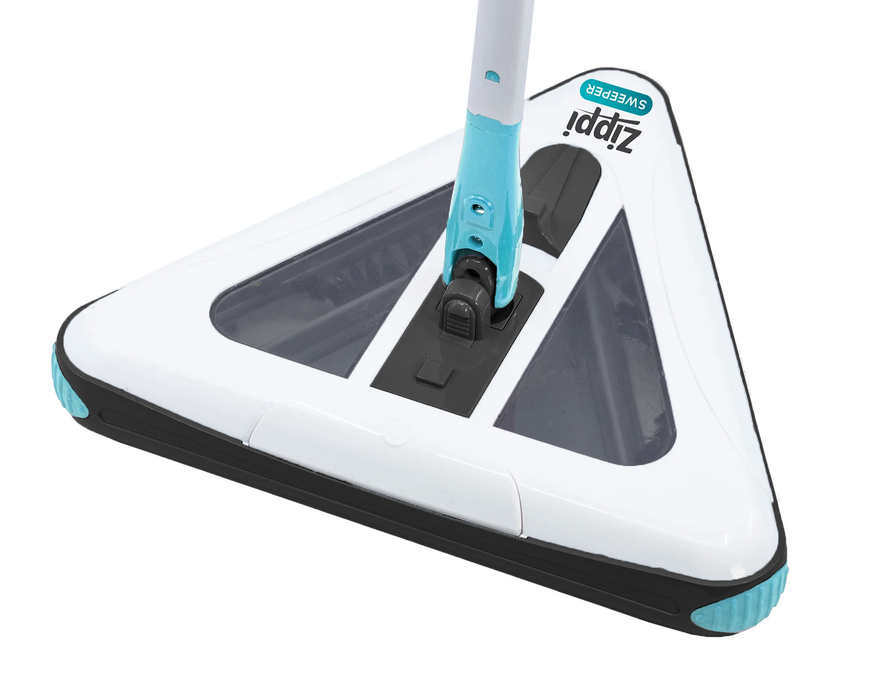 Electric floor sweeper head close-up with white body, teal handle collar, and control switch.
