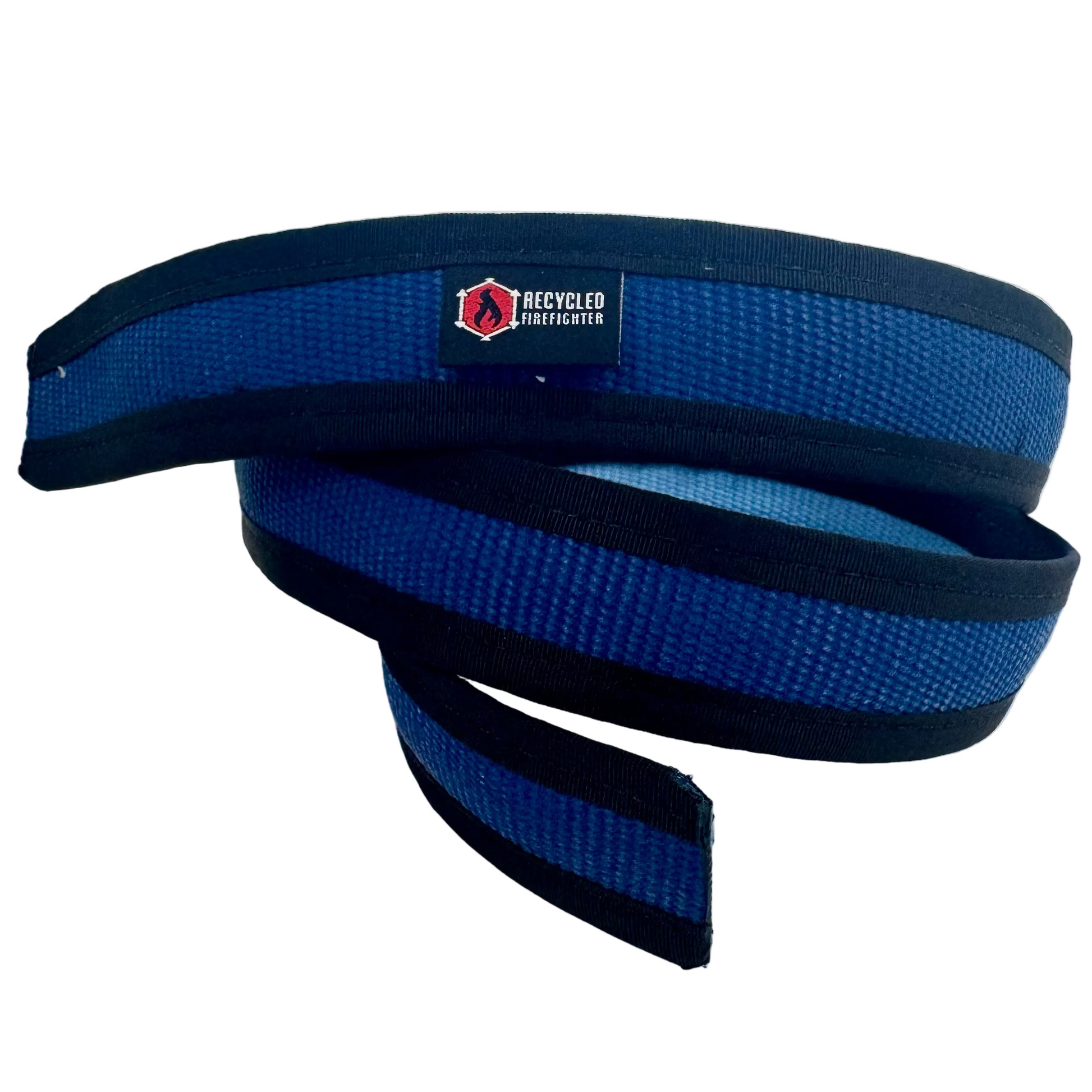 EDC belt with dark-blue woven straps and navy keeper strap, logo patch detail.
