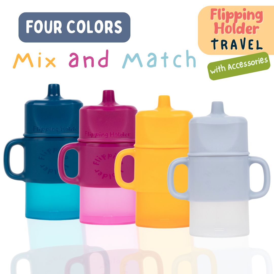 Four Flipping Holder Travel cups in blue, pink, orange, and white with handles