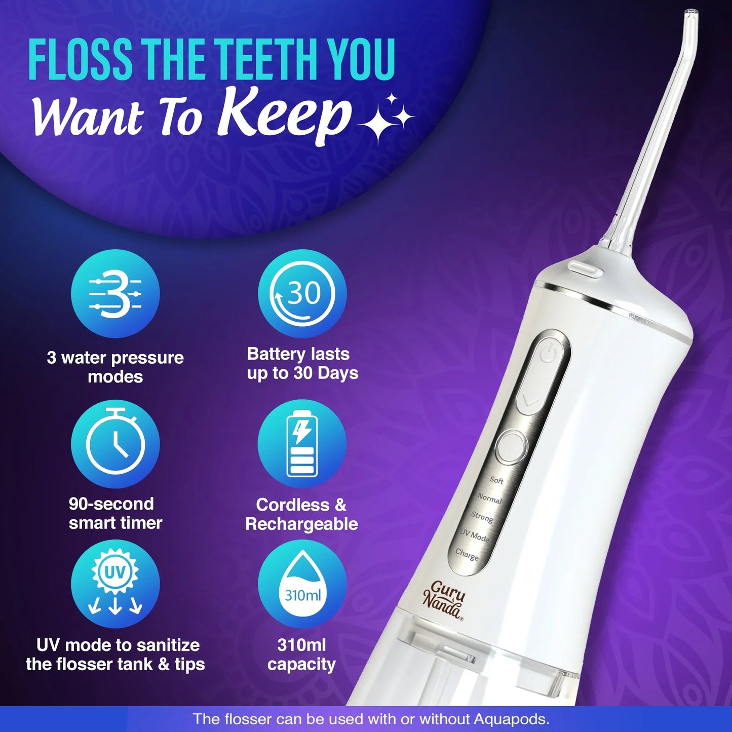 White cordless water flosser with UV mode, 310 ml tank, and 3 pressure modes