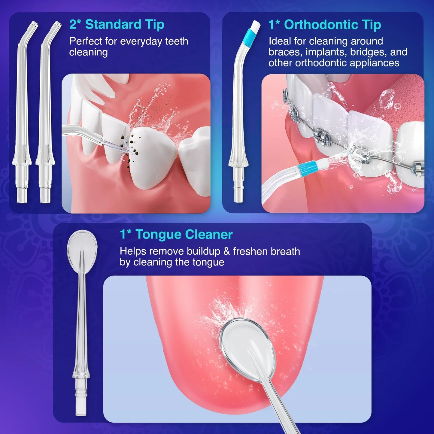Water flosser tips set: standard, orthodontic, and tongue cleaner