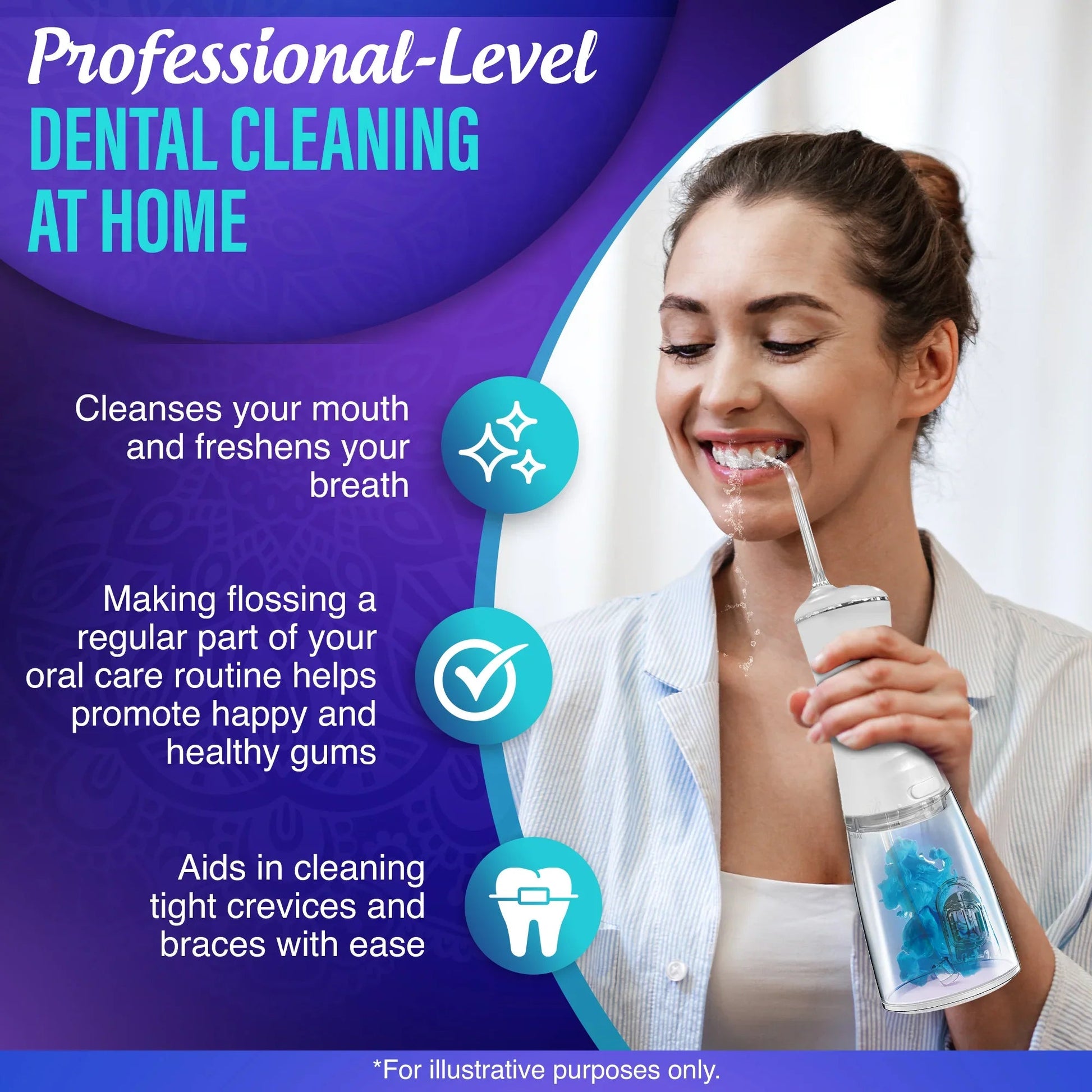 Person using a white water flosser with an Aquapods mouthwash pod