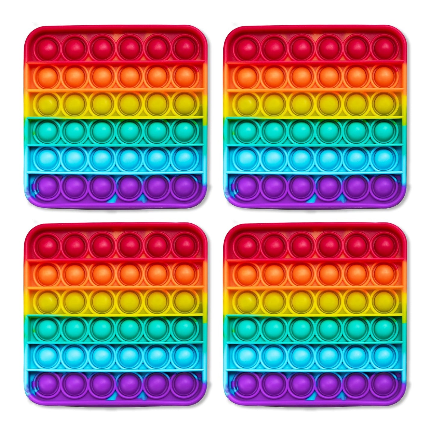 Rainbow silicone pop-it fidget mat with four rows of round push bubbles and red border
