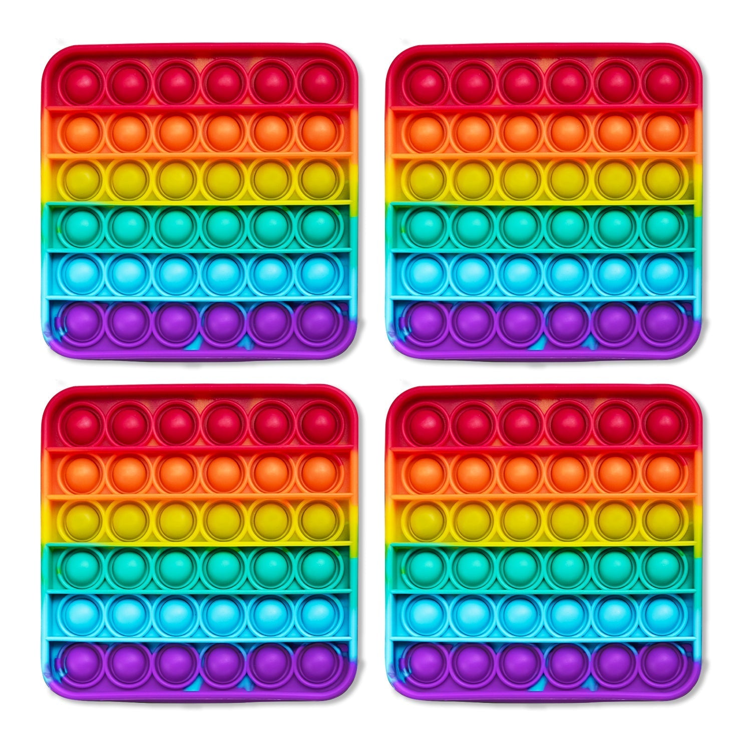 Rainbow silicone pop-it fidget mat with four rows of round push bubbles and red border