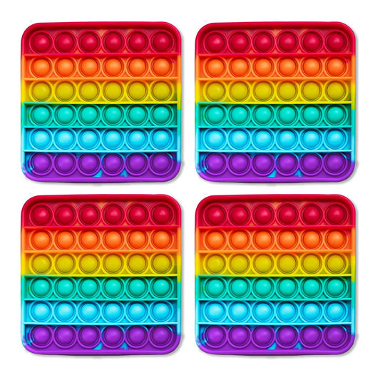 Rainbow silicone pop-it fidget mat with four rows of round push bubbles and red border