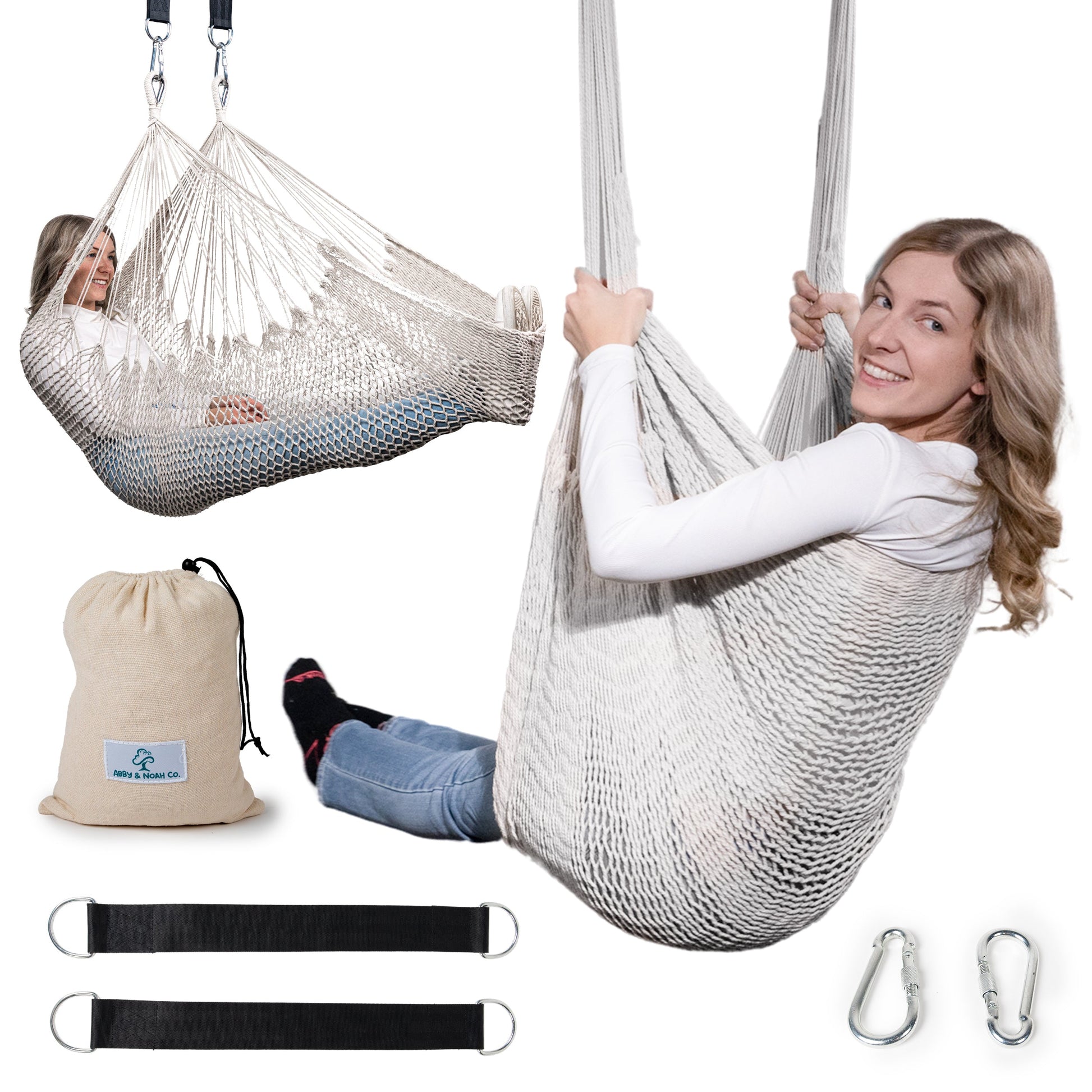 Handwoven cotton sensory swing with cream net hammock and hanging straps